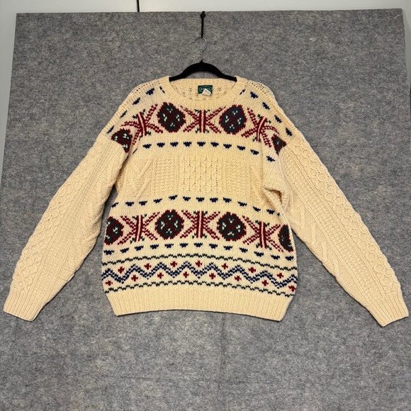 Vintage Womens Fair Isle Knit Sweater Cream Handknit Shetland Wool Size L - Picture 2 of 9